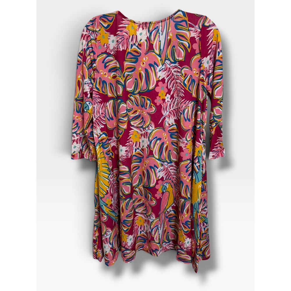Simply Southern Tropical Parrot Dress Small Pink Palm Leaf Sharkbite Pockets NWT - Picture 5 of 10